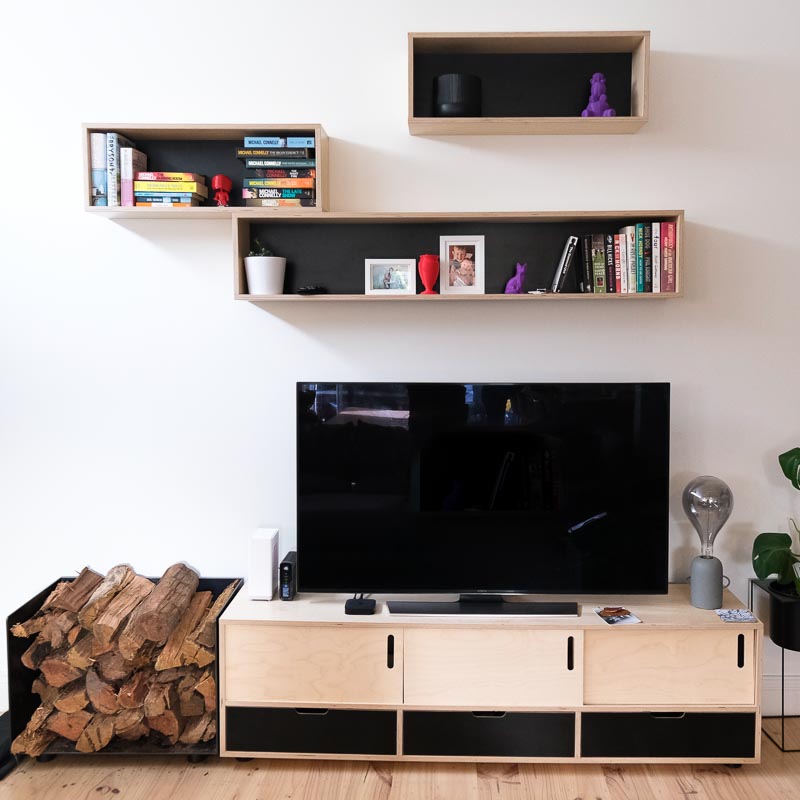 Custom wall shelving and entertainment unit
