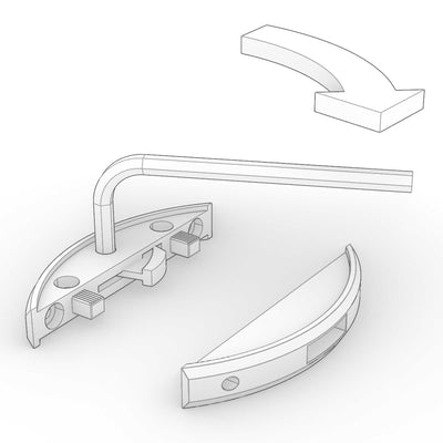 Two Lamello Clamex fitting halves with a 4mm Allen key and an arrow showing the cam action